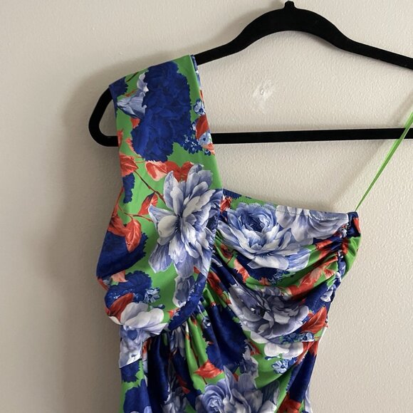 Zara Women S Green Floral Ruched Asymmetrical One Shoulder Bodysuit NWT - Picture 6 of 13